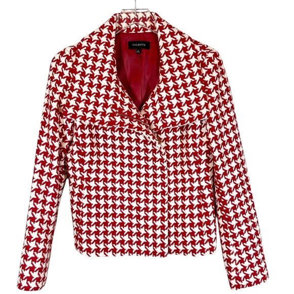 TALBOTS Women's Size 8 Red Houndstooth Wool Blend Jacket Gold Hardware - Picture 1 of 7